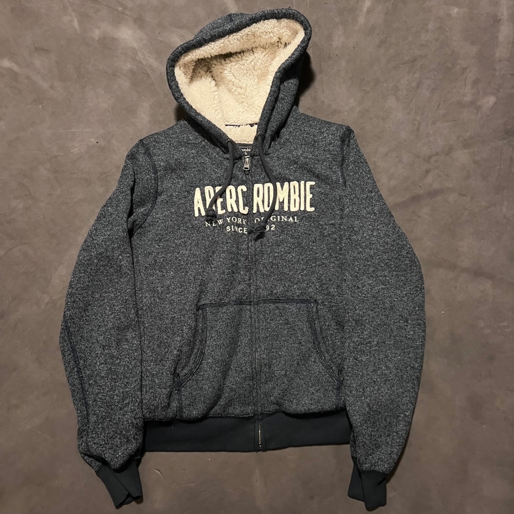 Vtg Abercrombie & Fitch Spellout Grey Sherpa Lined Hoodie Size Large‎ Preppy Y2K